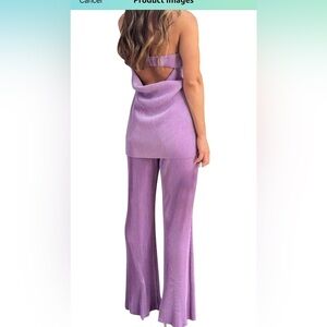 2 Piece Set Side Slit Strapless Tube Top Pants Set Wide Leg Pants